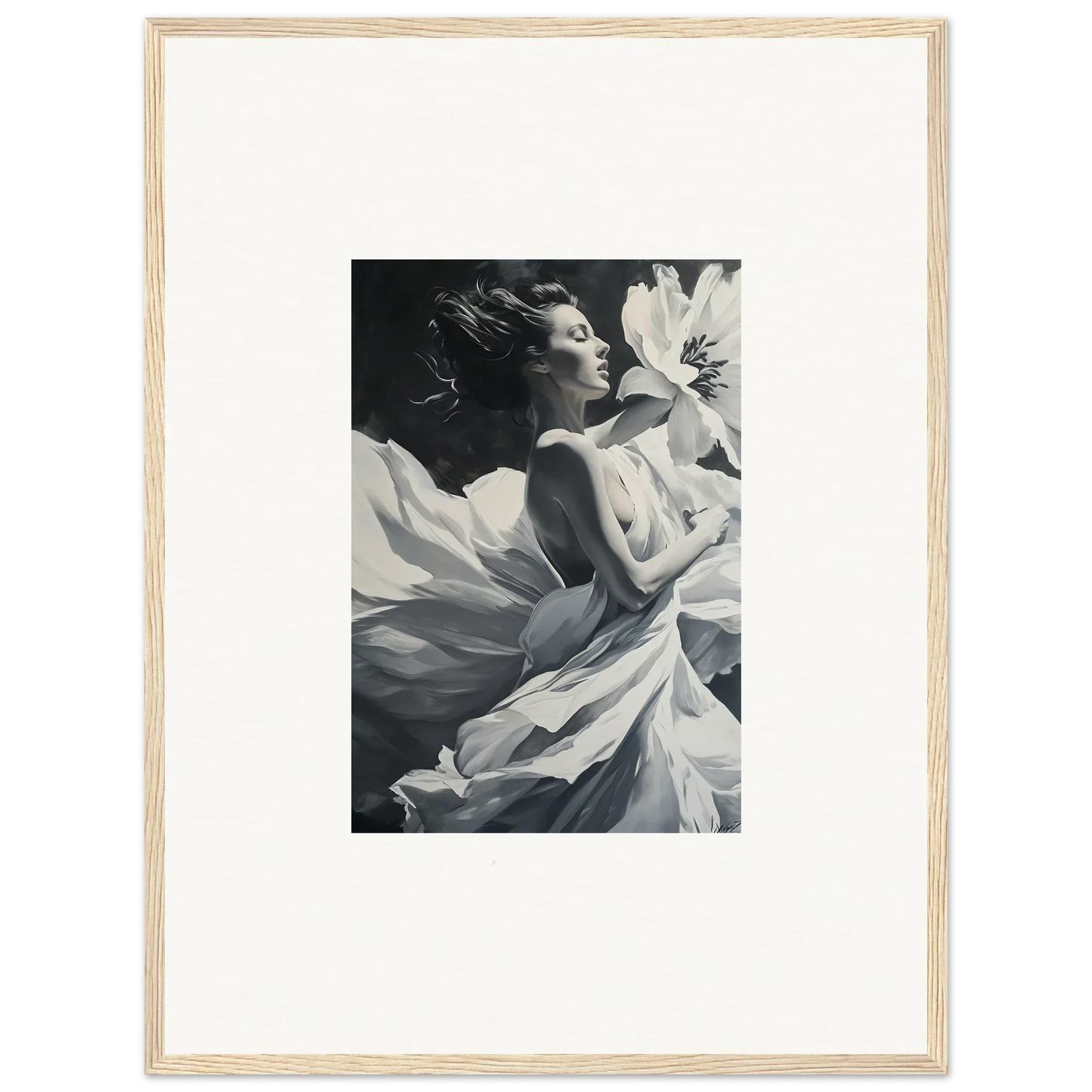 Black and white art of woman in flowing fabric for blush reverie room decor