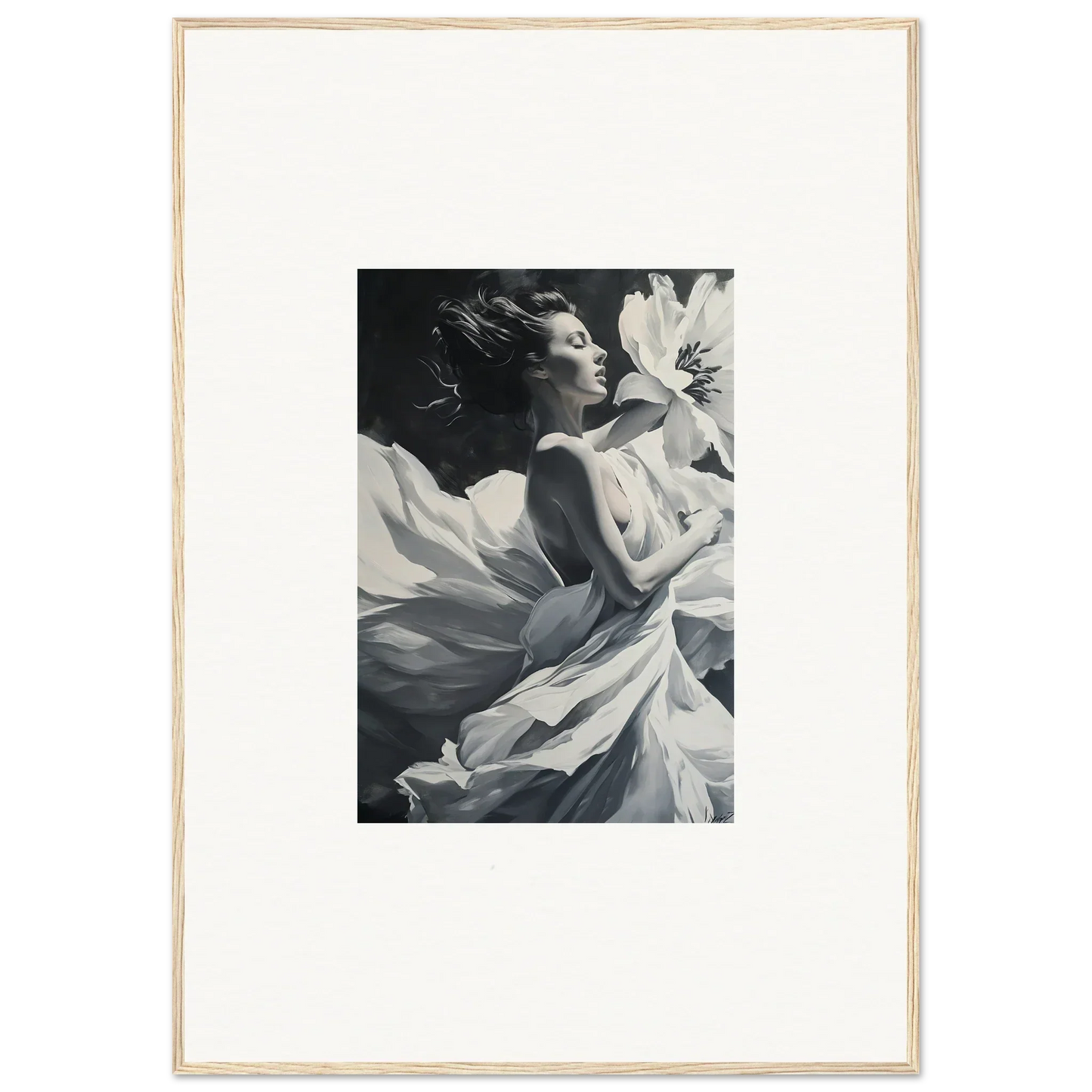 Black and white portrait with flowing fabric, perfect for Blush Reverie room decor