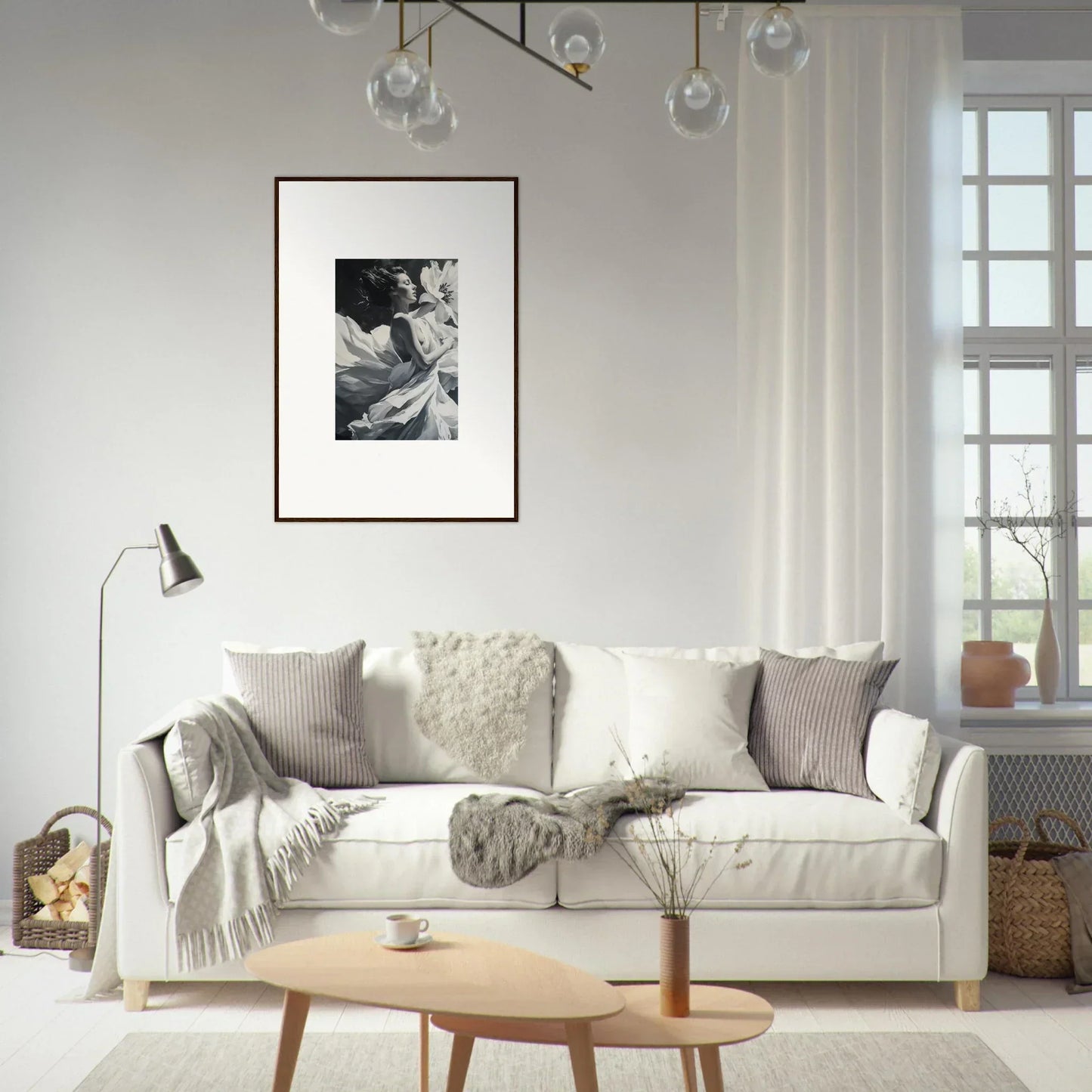 Elegant white sofa with blush reverie throw pillows, perfect for room decor and framed wall art