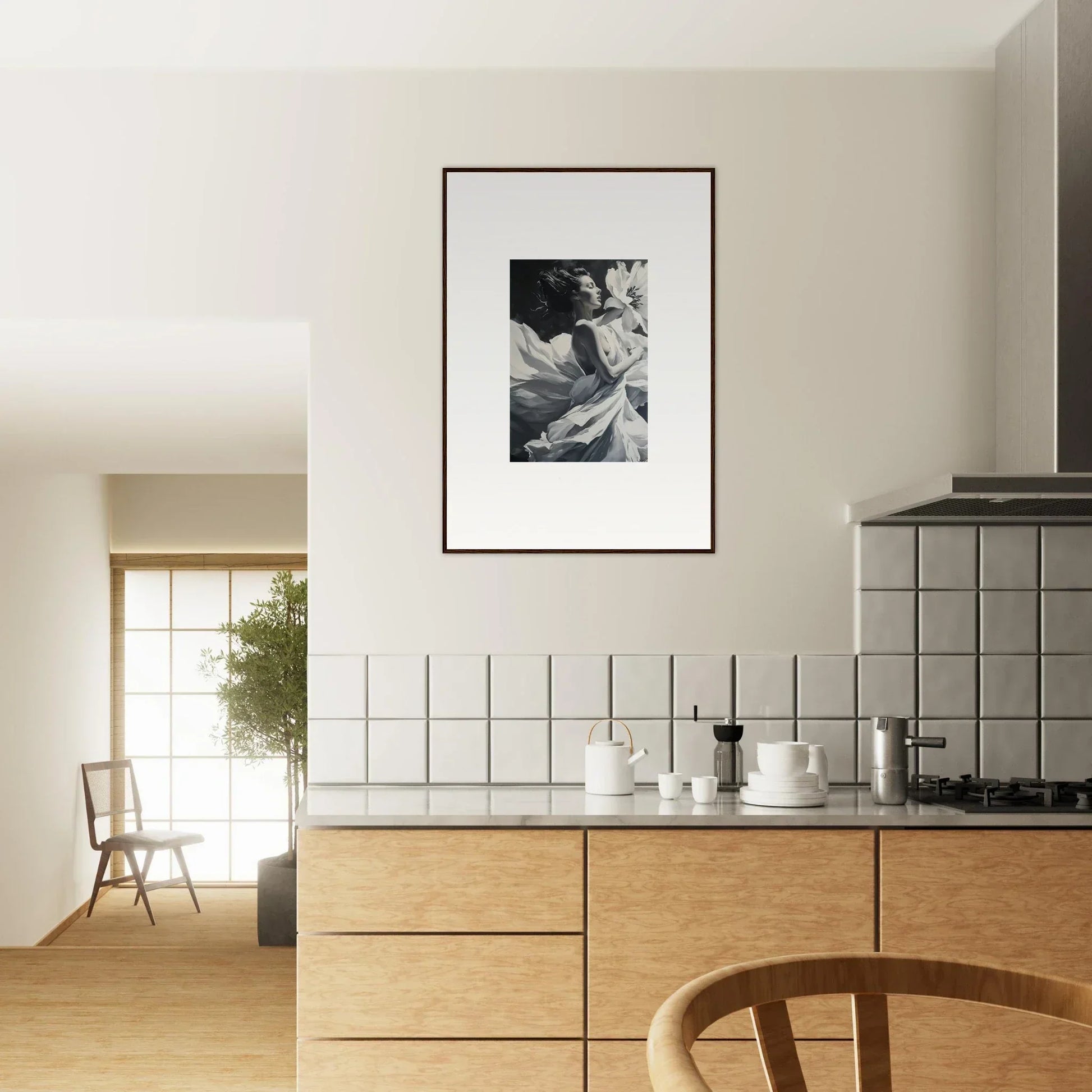 Modern kitchen with wooden cabinetry and framed wall art enhancing Blush Reverie room decor