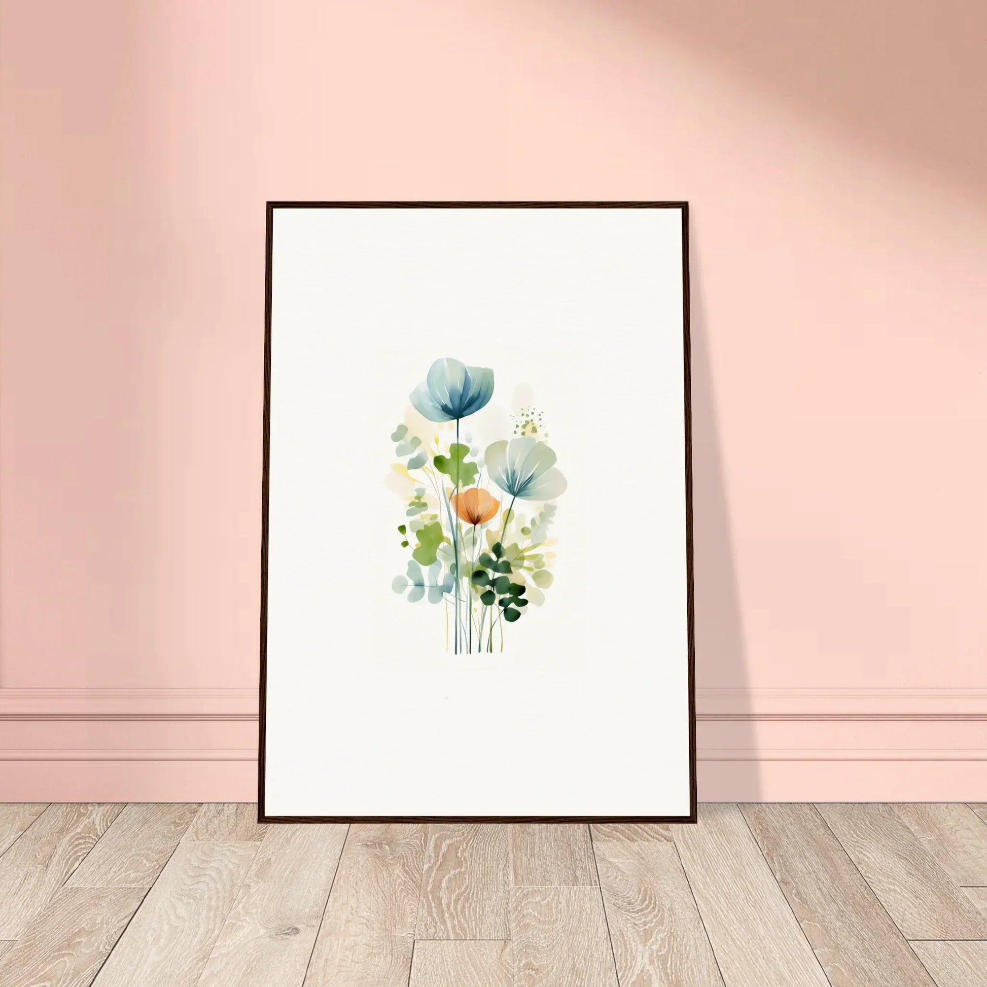 Framed watercolor of delicate flowers in pastels for Bloom Reverie room decoration