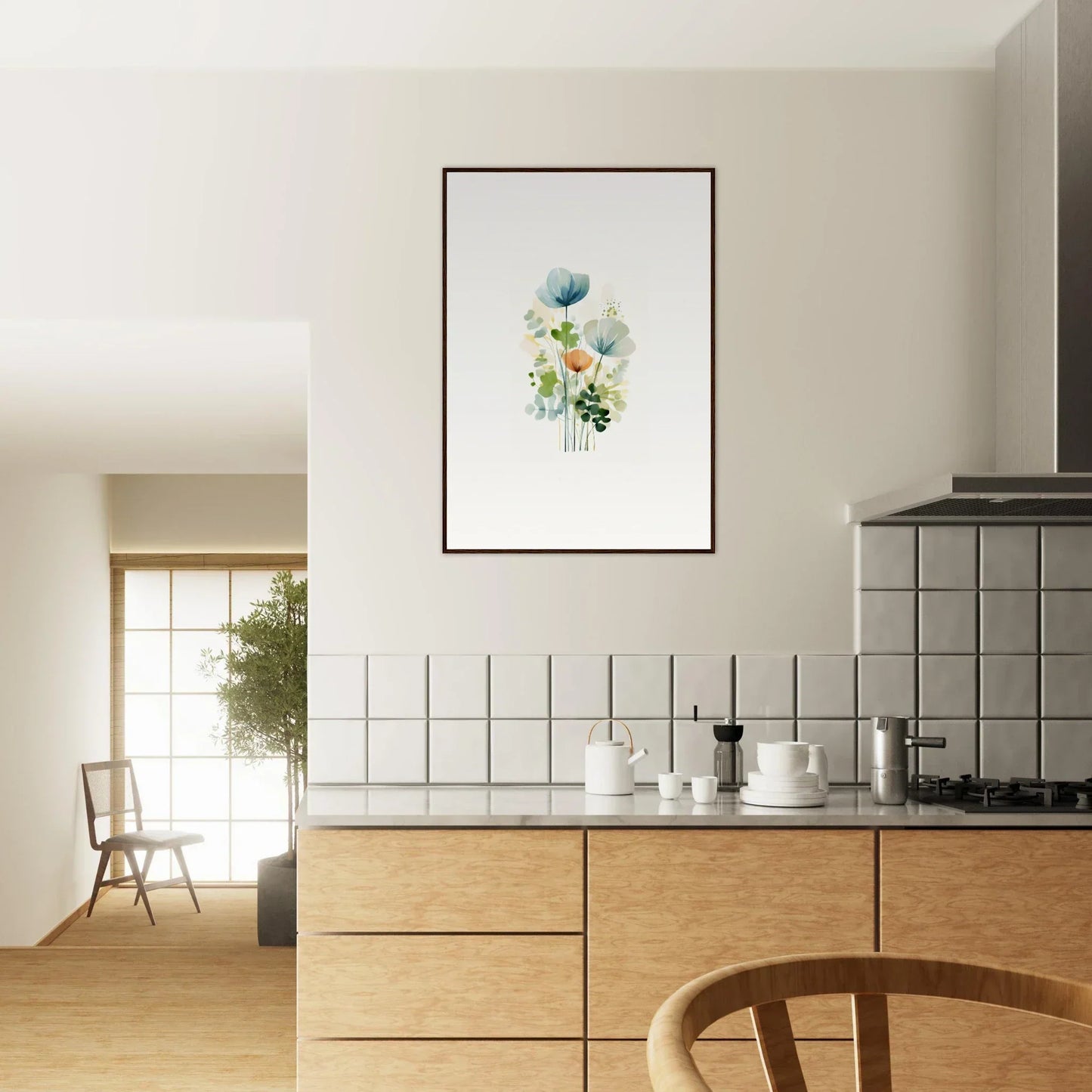 Framed watercolor of delicate flowers in pastel colors for bloom reverie room decoration