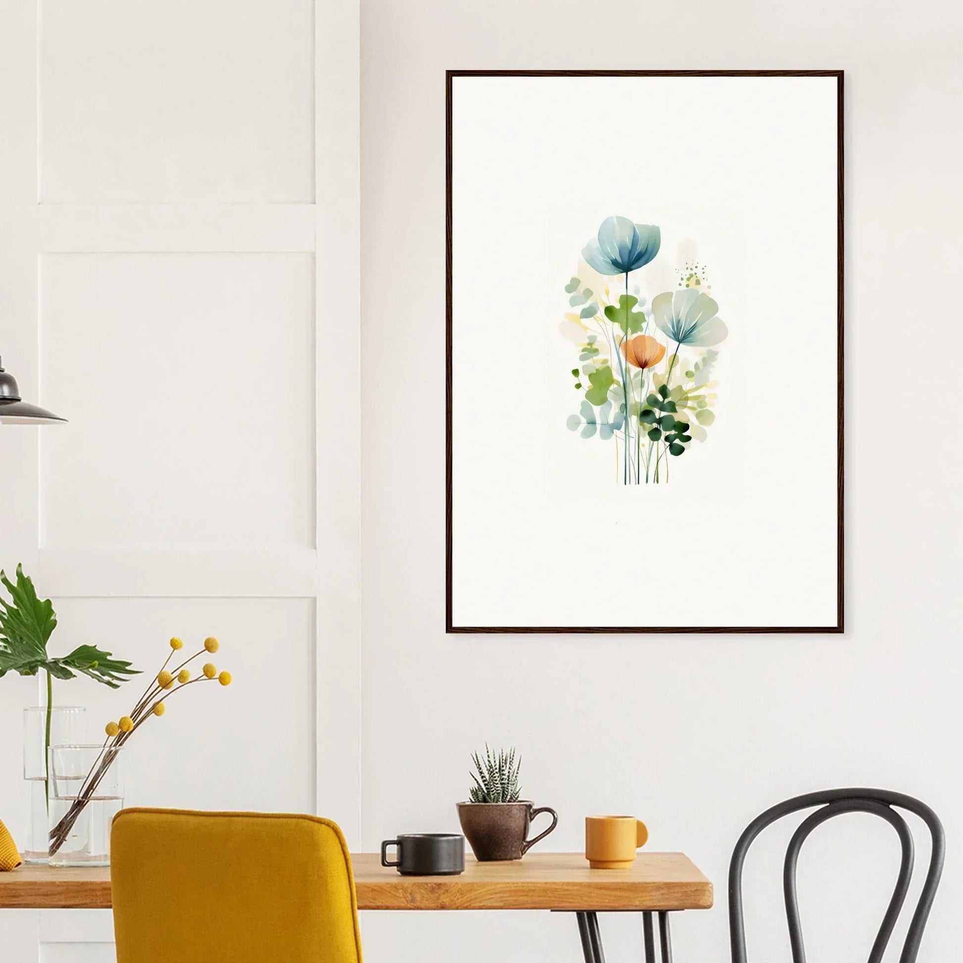 Framed watercolor of delicate flowers in pastel hues for a dreamy Bloom Reverie room decoration