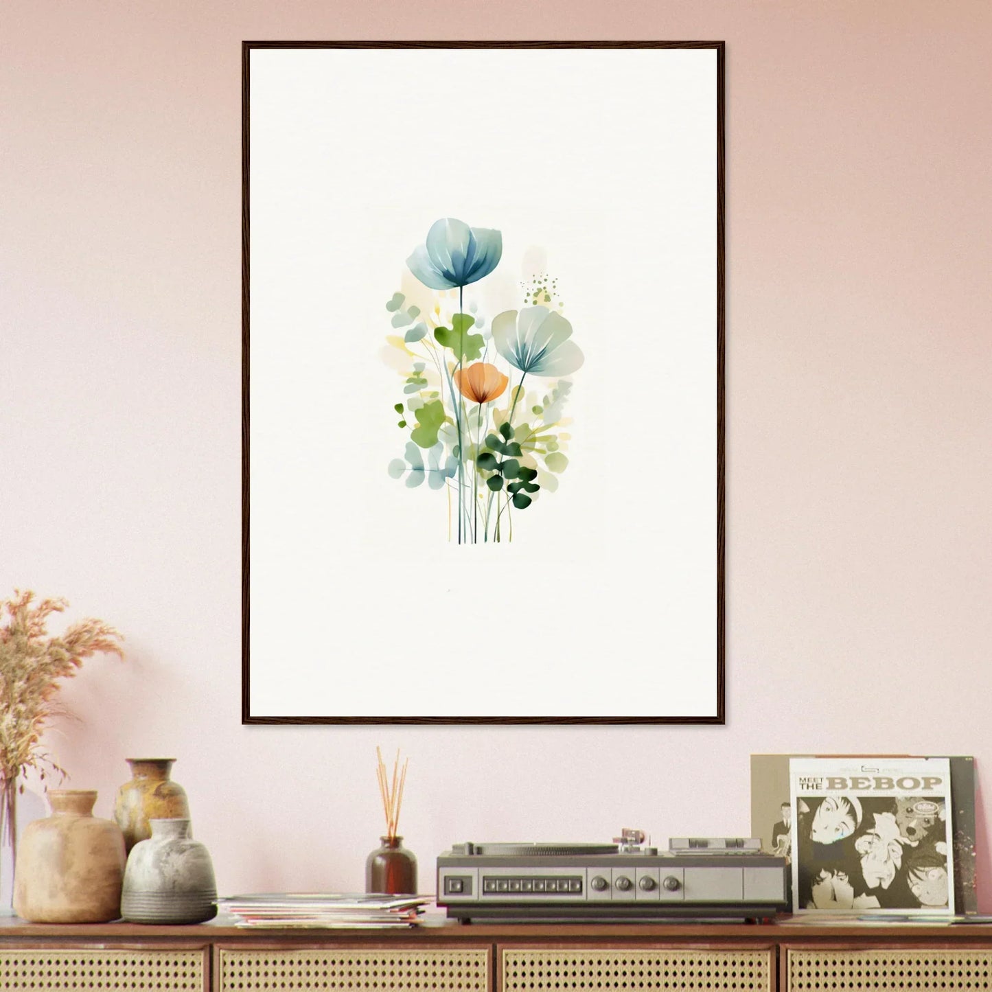 Framed watercolor painting of colorful wildflowers for a stunning bloom reverie room decoration