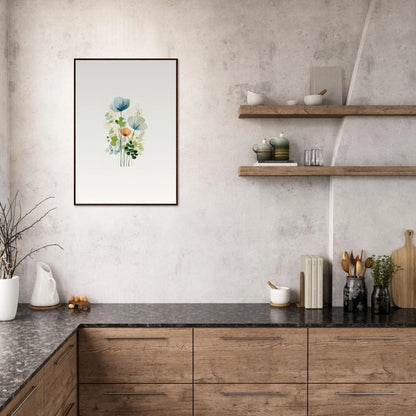 Kitchen countertop with wooden cabinets, open shelving, and Bloom Reverie canvas print