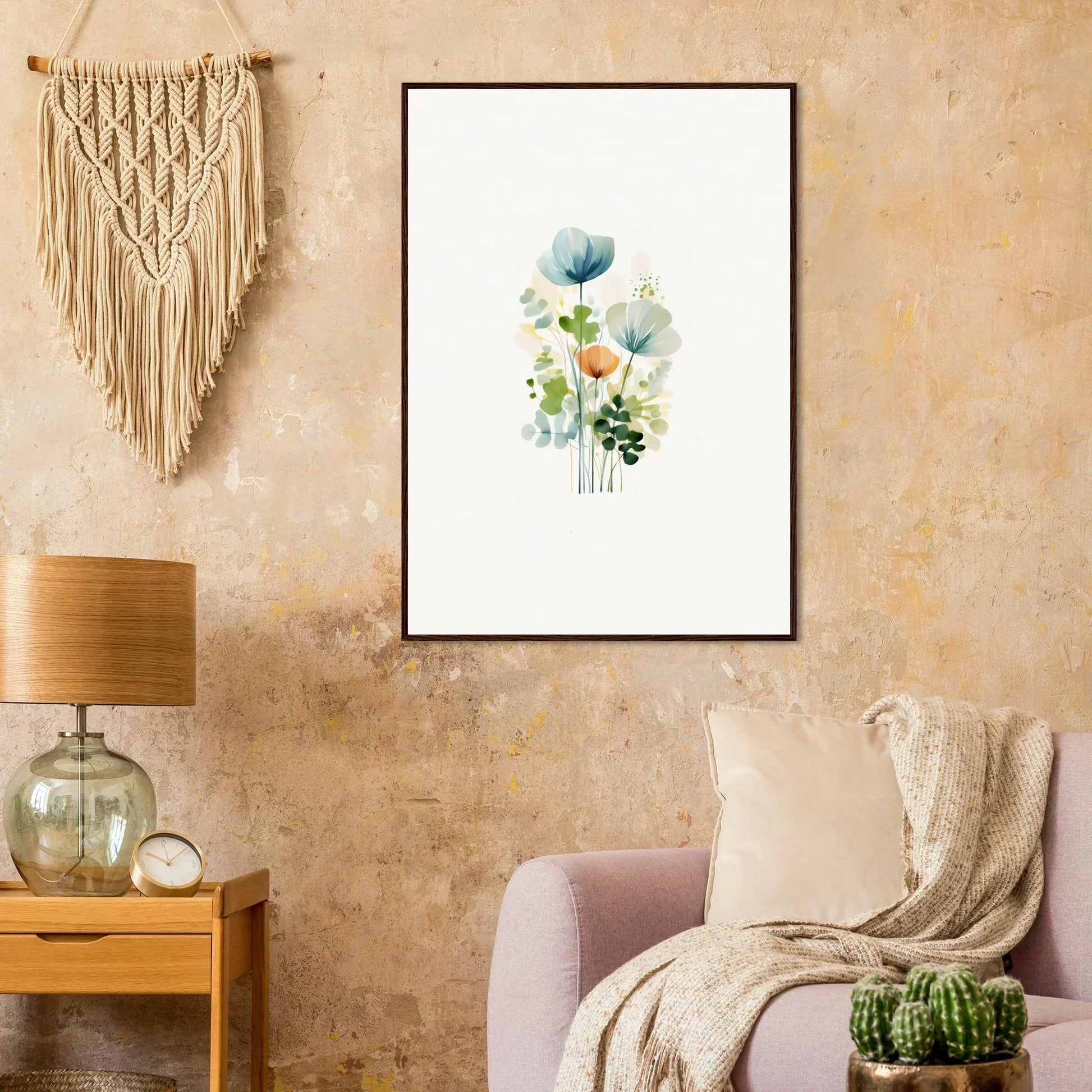 Framed watercolor of blue and white flowers, perfect for your Bloom Reverie room decoration