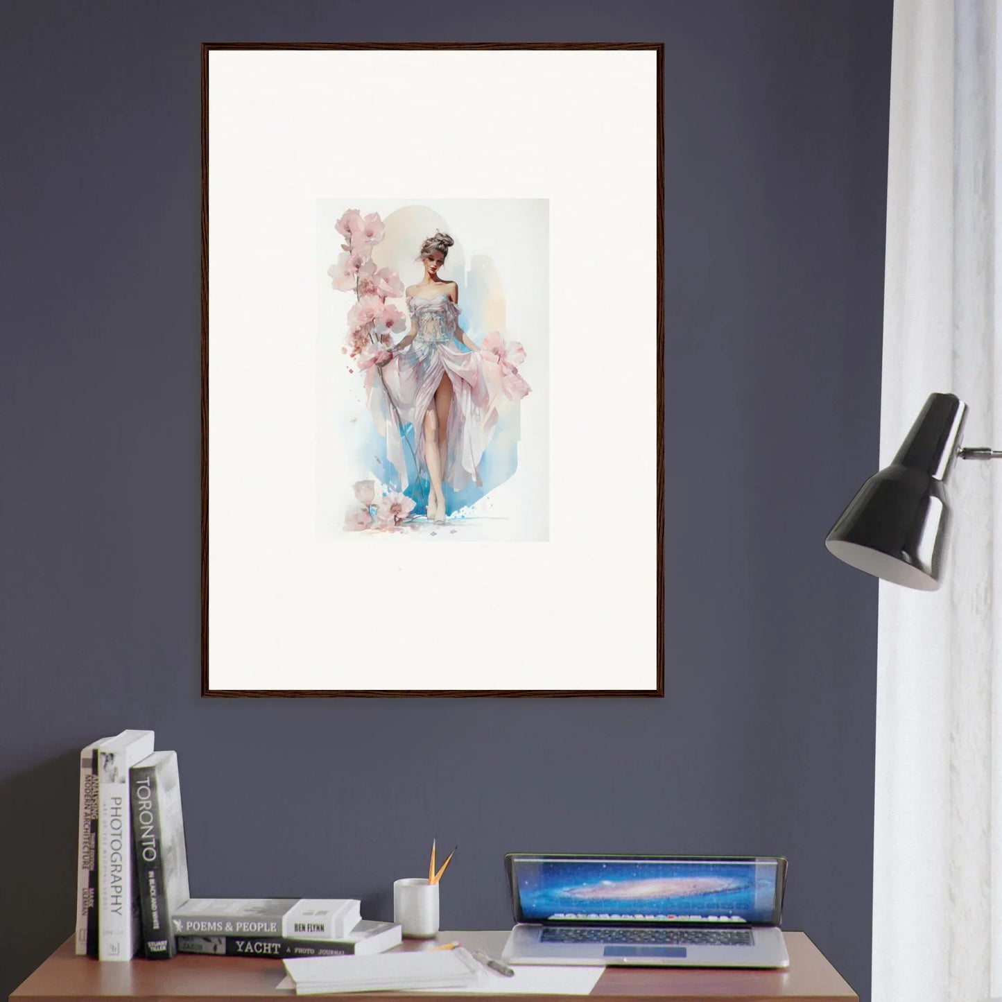 Framed wall art of graceful figure in blue and pink, ideal for Bloomlight Gleam room decor