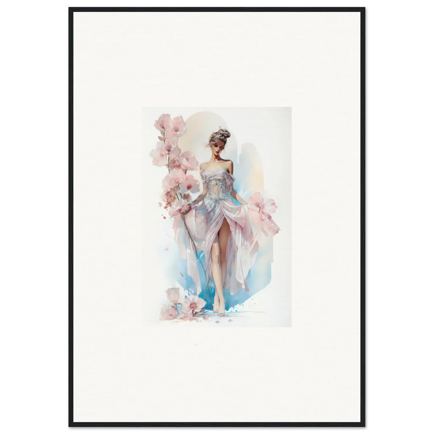 Watercolor painting of a ballerina in pink and blue dress for Bloomlight Gleam room decor