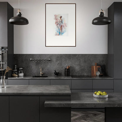 Modern kitchen with dark cabinetry and Ethereal Bloomlight Gleam framed wall art