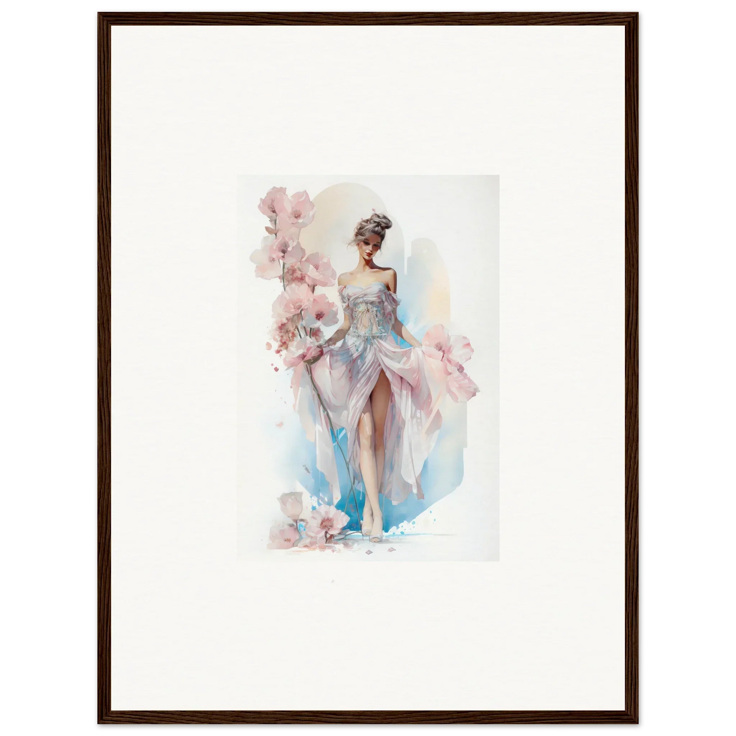 Watercolor painting of a woman in a flowing dress for Bloomlight Gleam room decor