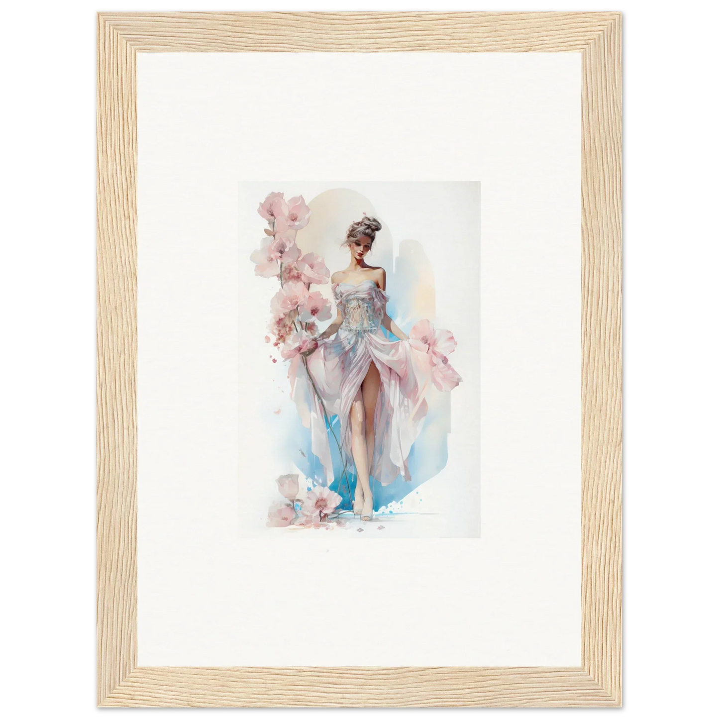 Framed watercolor of an elegant woman, perfect for bloomlight gleam room decor