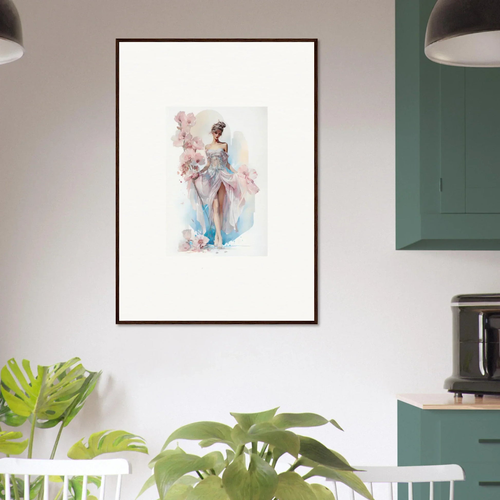 Framed wall art of a ballerina in a flowing dress for Ethereal Bloomlight Gleam room decor