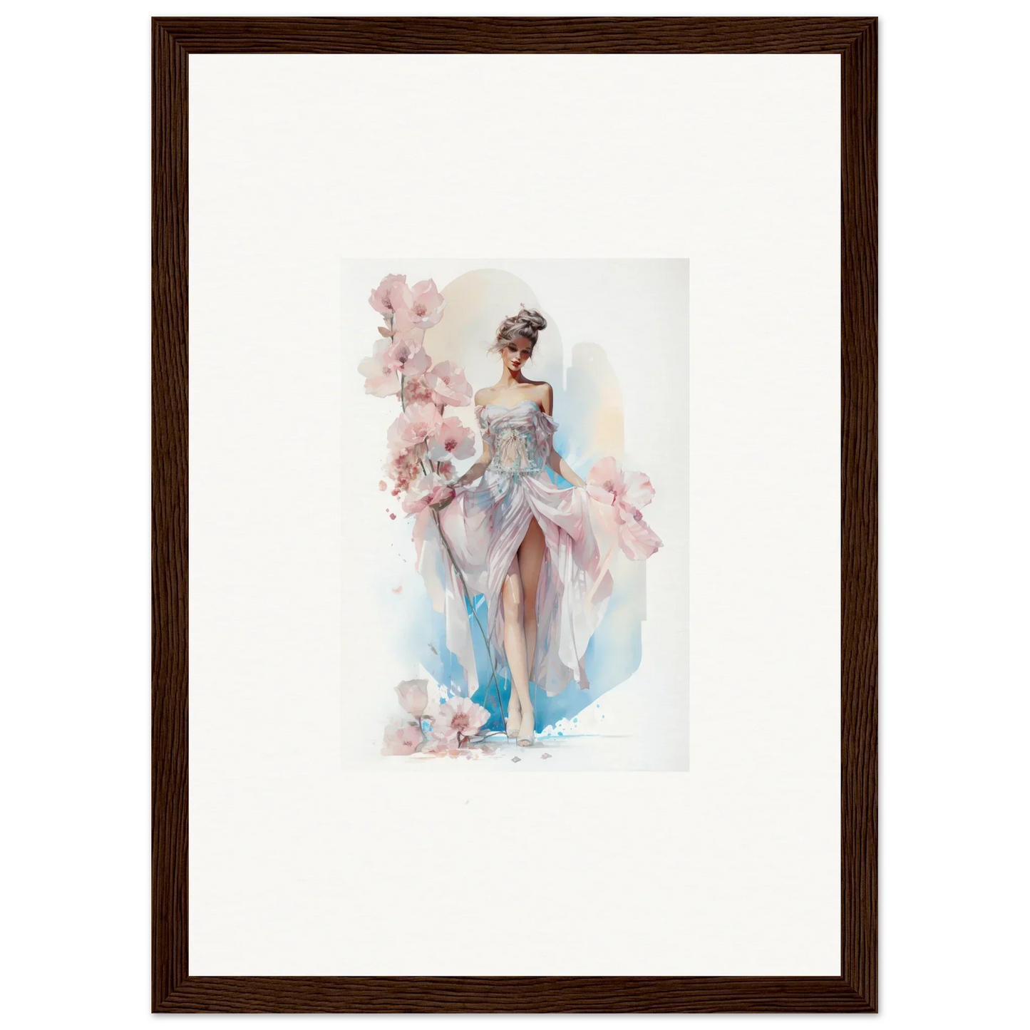 Watercolor painting of a graceful figure in a flowing dress for Bloomlight Gleam room decor