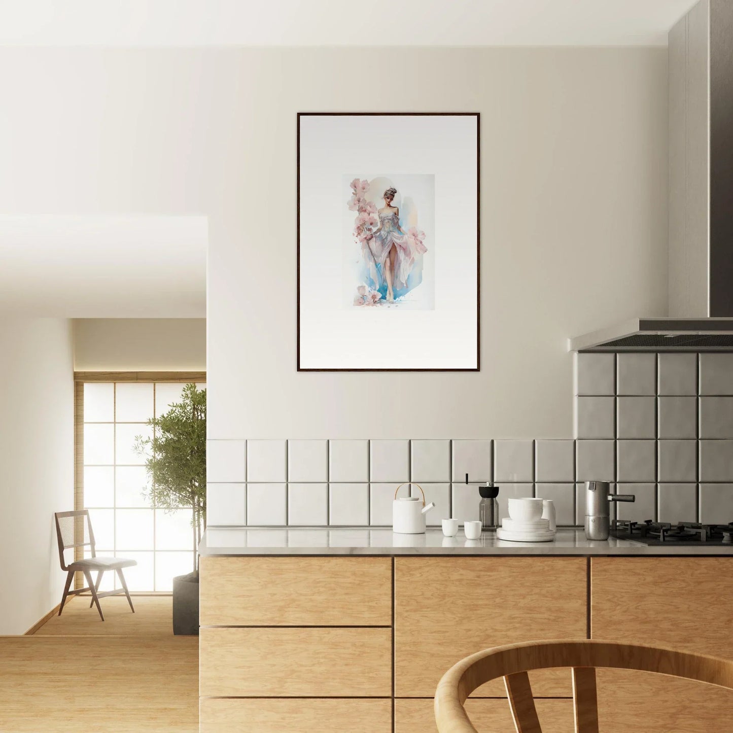 Framed wall art of a figure with floral elements in soft pastel colors for bloomlight gleam