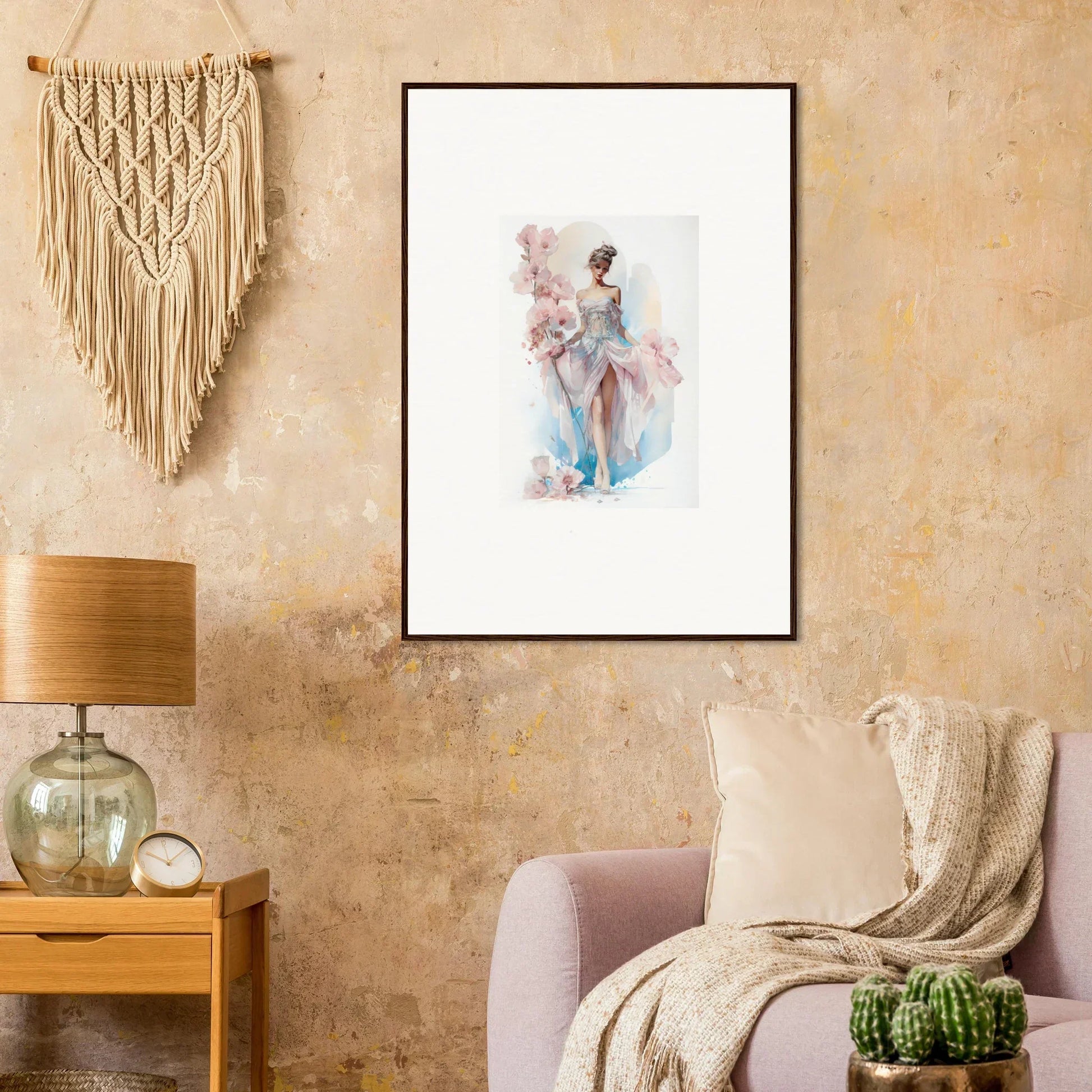 Framed wall art of a graceful figure in soft hues for elegant room decor, Bloomlight Gleam