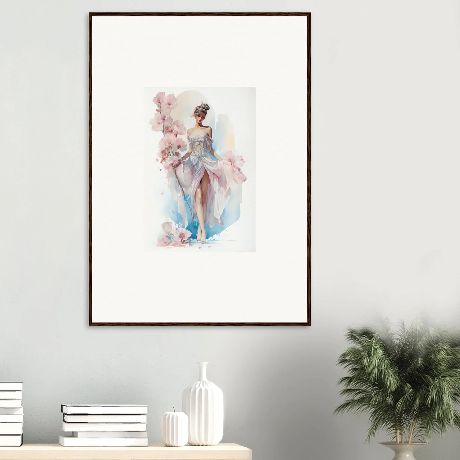 Framed watercolor painting of an elegant figure for beautiful bloomlight gleam room decor