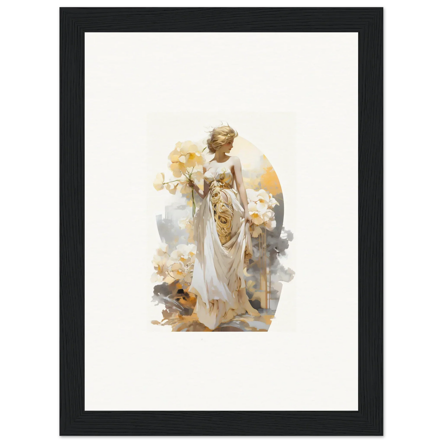 Ethereal female figure in white robes with flowers for Blossom Dream room decor