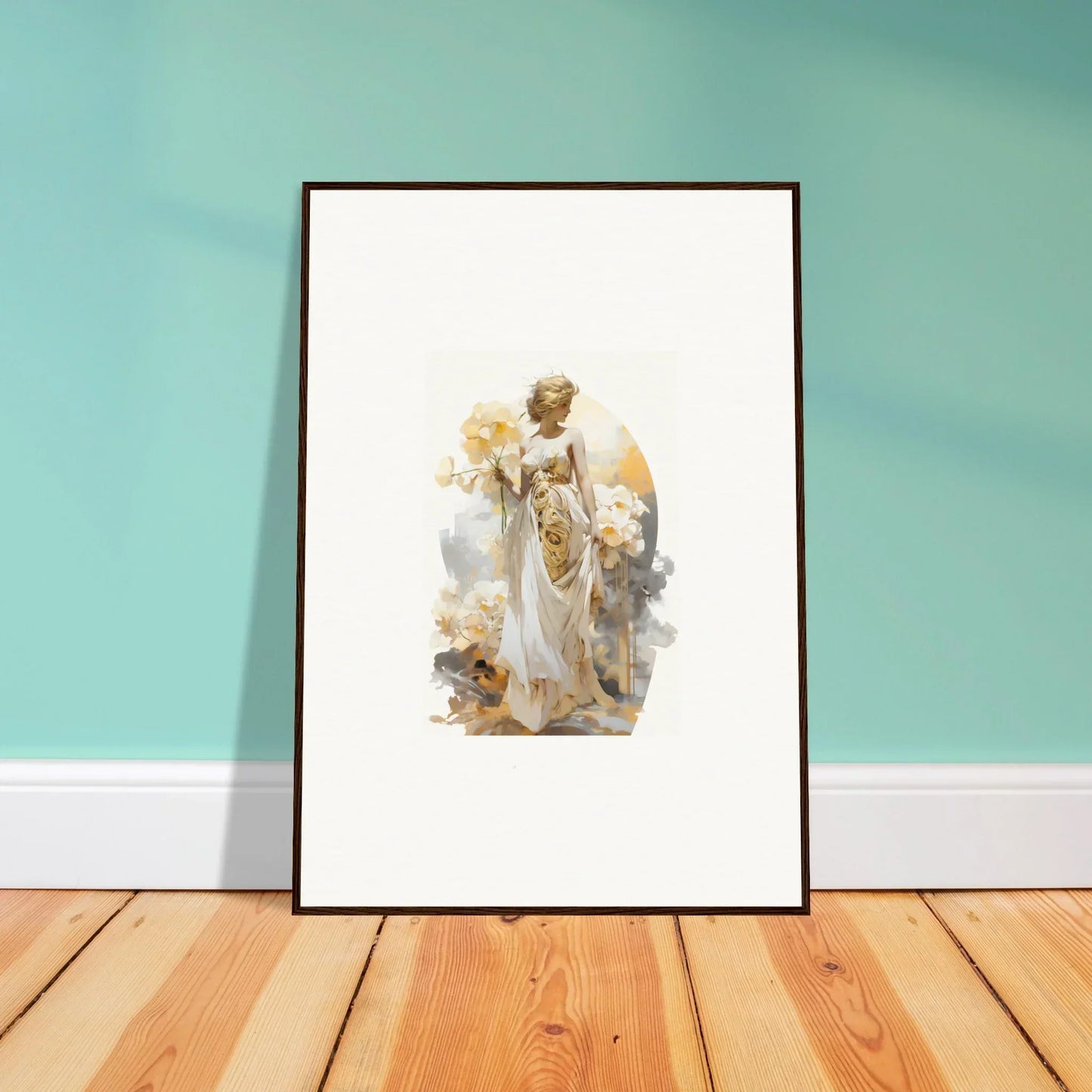 Framed wall art of an ethereal female figure in a white dress for blossom dream room decor