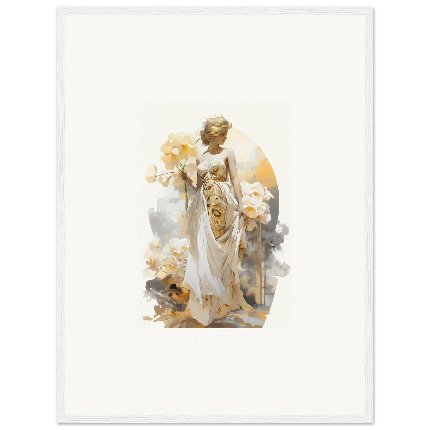 Ethereal female figure in white robes holding flowers for Blossom Dream wall art decor