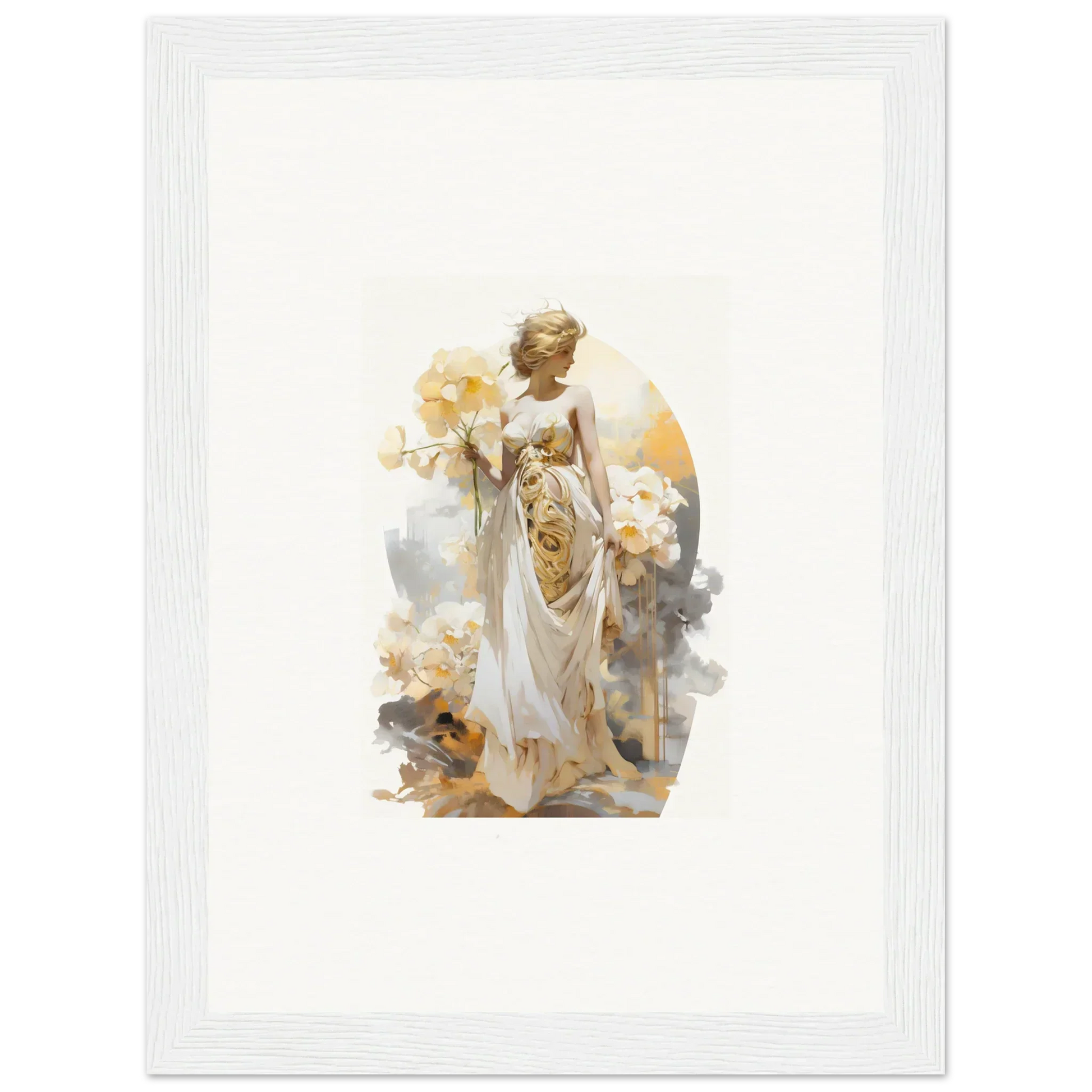 Ethereal painting of a graceful figure in white robes, perfect for blossom dream room decor