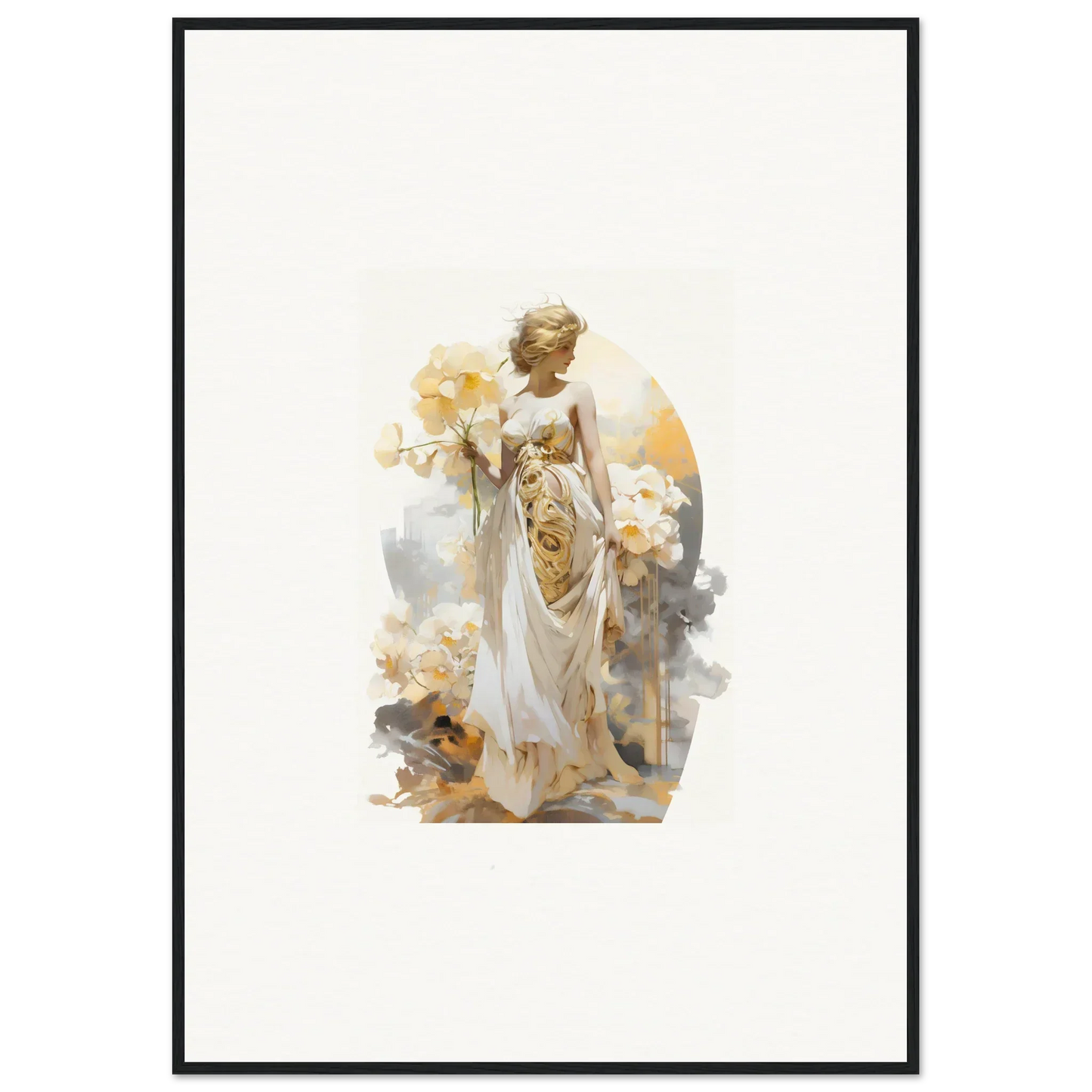 Ethereal female figure in white robes with flowers for Blossom Dream room decor