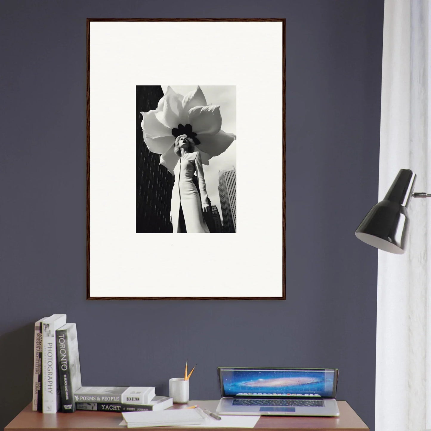 Framed black and white canvas print of a person with a giant flower for your blossom persona room decoration