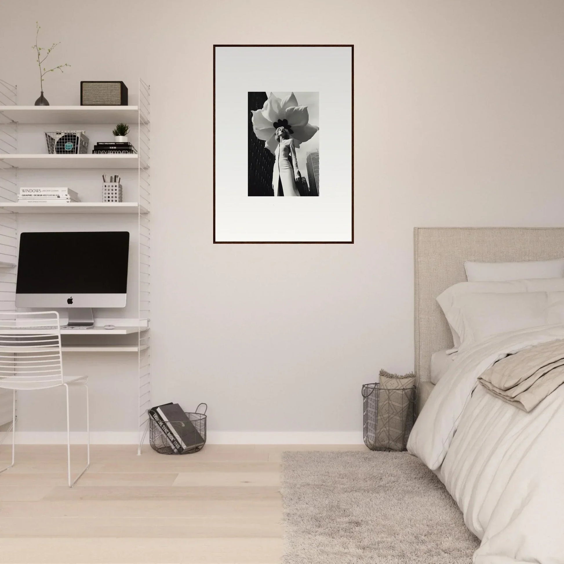 Minimalist bedroom with white walls, floating shelves, and a Blossom Persona canvas print