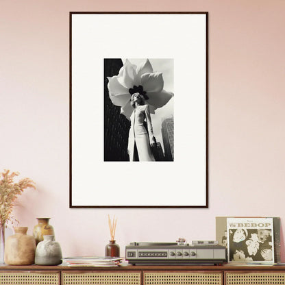 Framed black and white canvas print of a person in a flower hat for room decoration