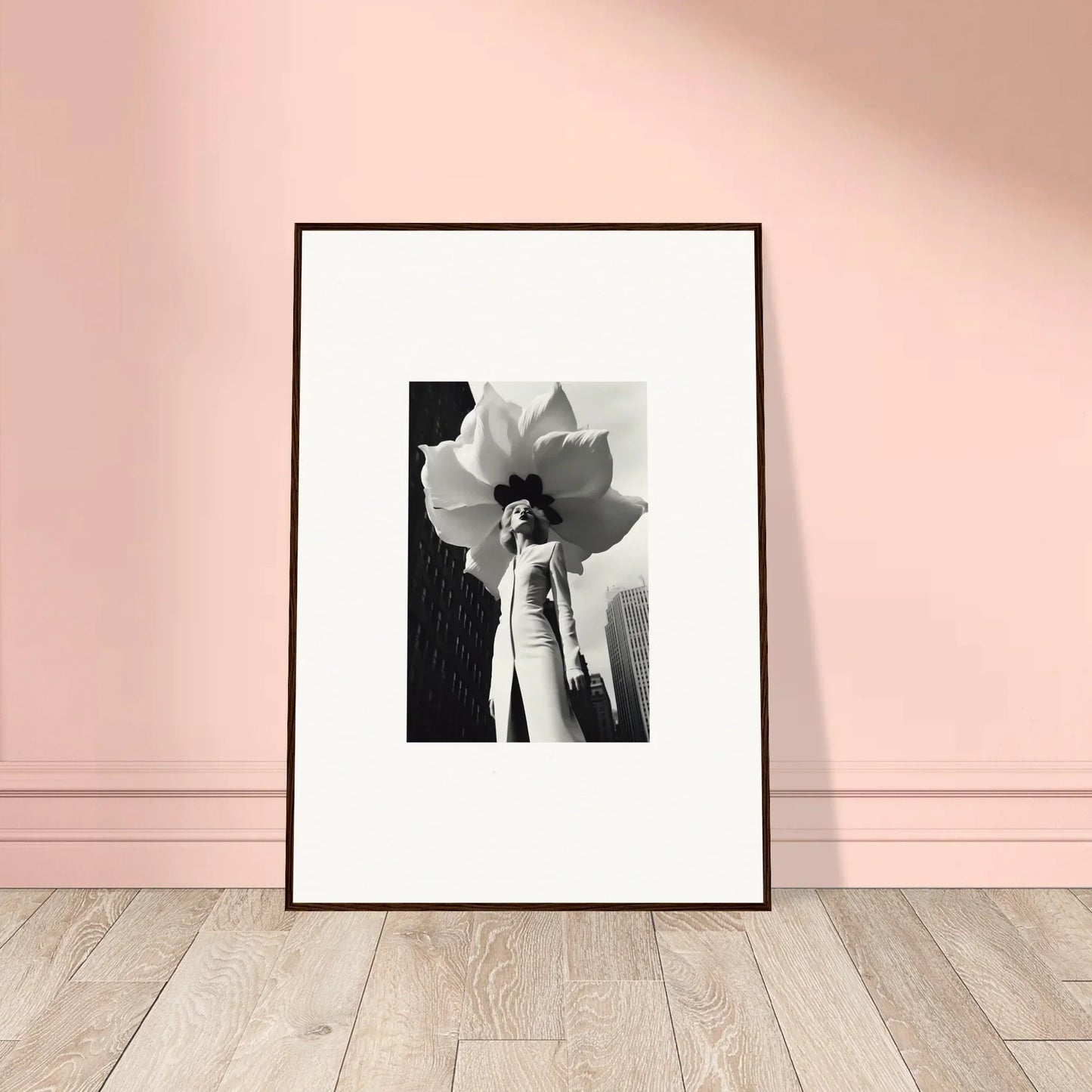 Framed black and white canvas print of a figure with an oversized floral headpiece for room decoration