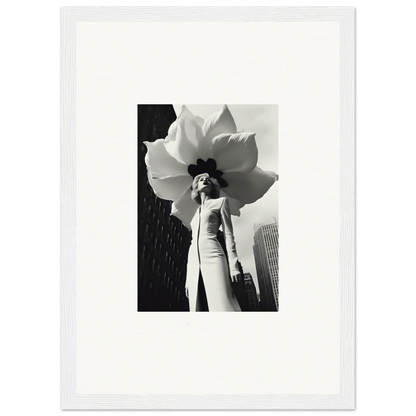 Black and white photo of a person in a flower hat, perfect for Blossom Persona canvas print