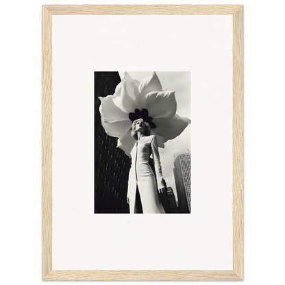 Black and white photo of a person in a dress holding a flower for blossom persona canvas print