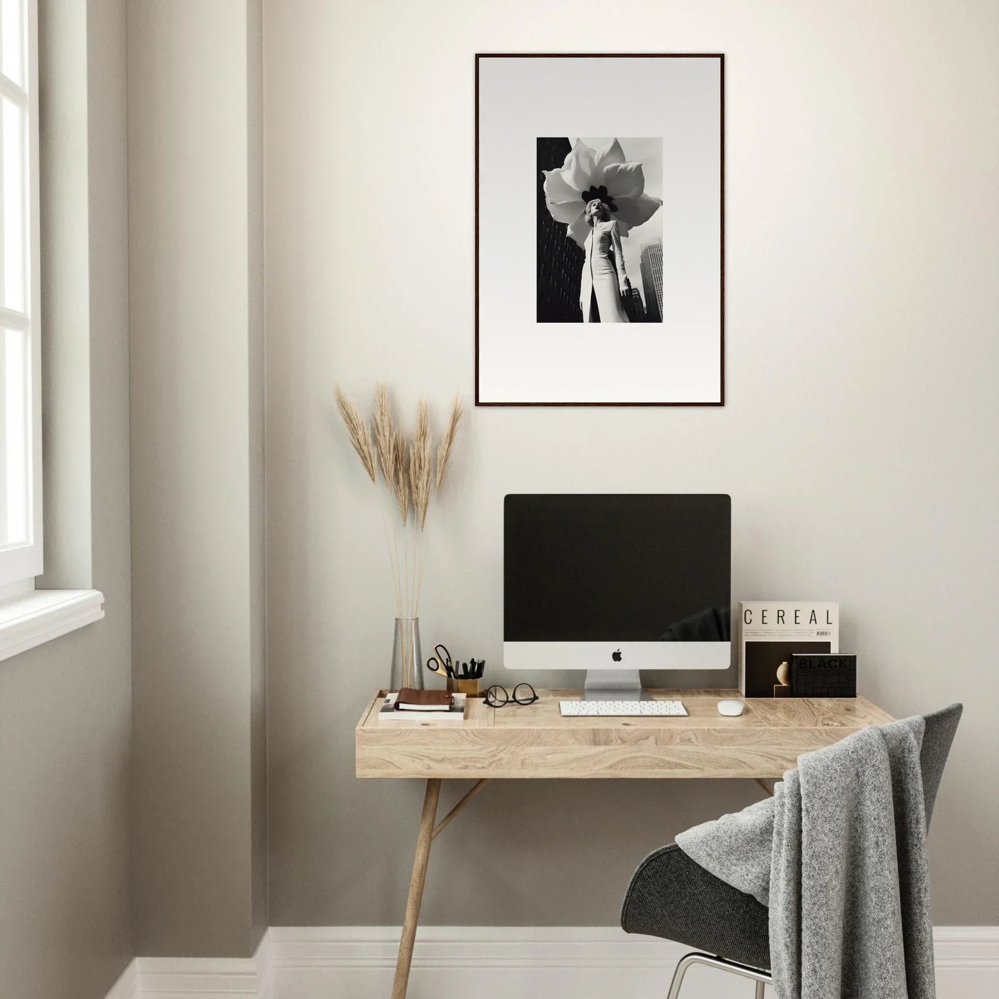 Minimalist home office with wooden desk and Ethereal Blossom Persona canvas print