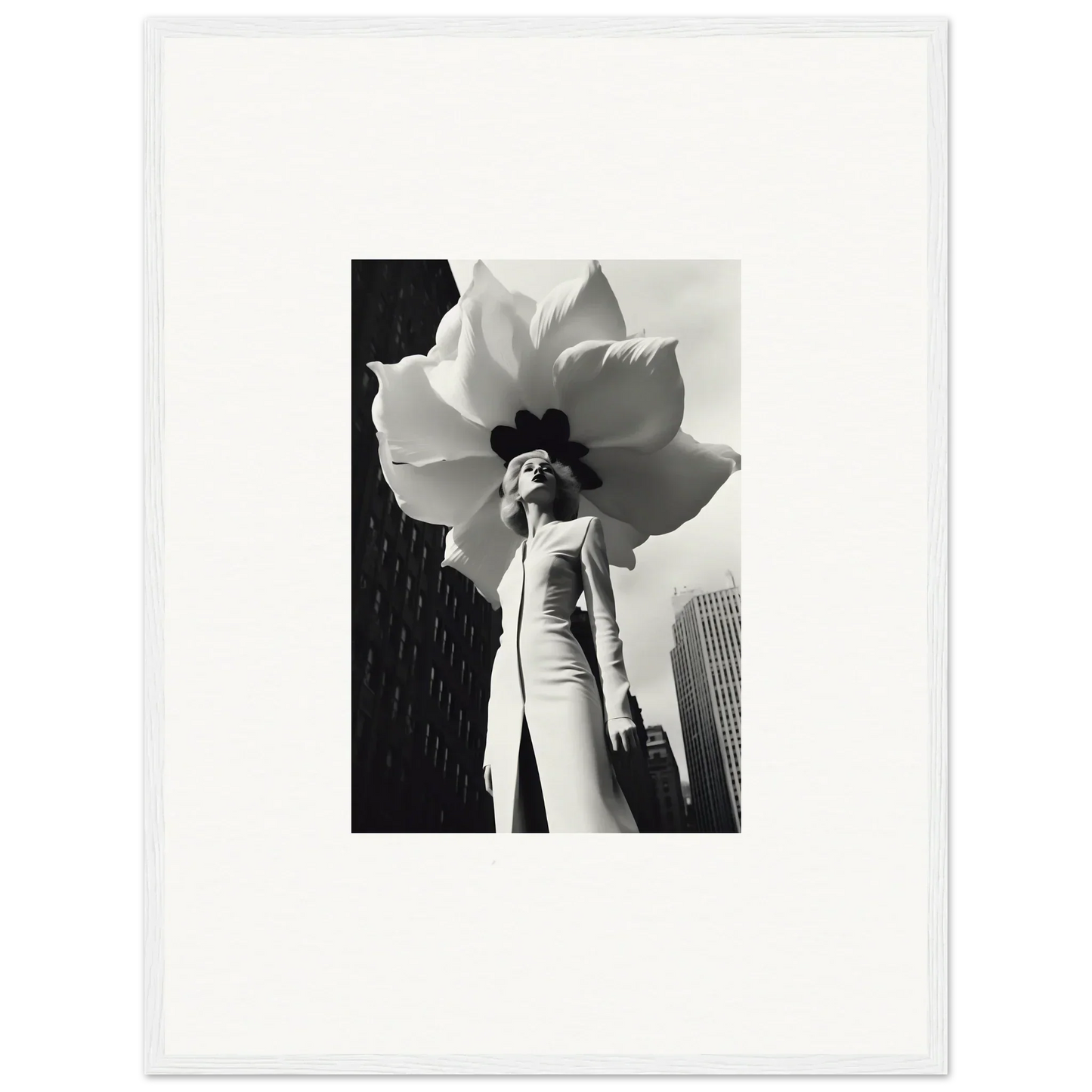 Woman in oversized flower hat with city backdrop, perfect for Blossom Persona canvas print