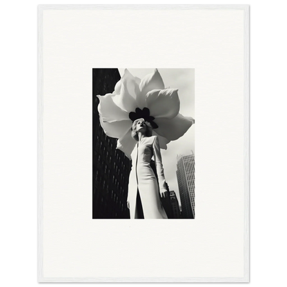 Woman in oversized flower hat with city backdrop, perfect for Blossom Persona canvas print