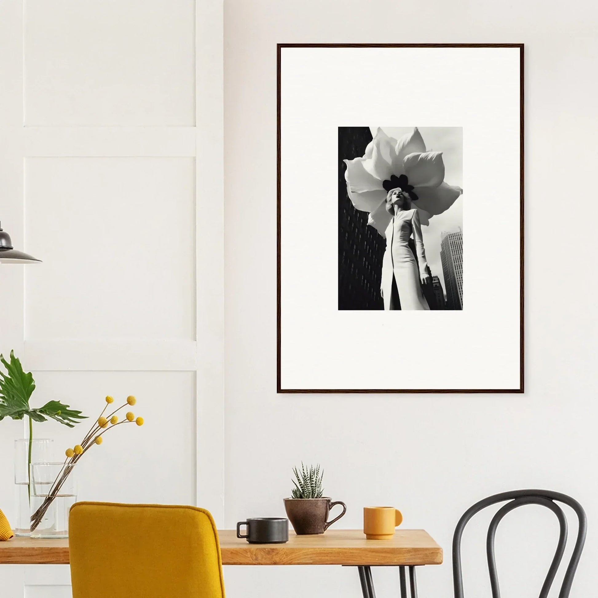 Framed black and white canvas print of a person with a blossom persona for room decoration