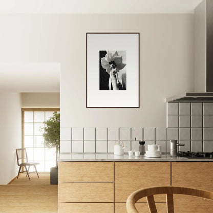 Modern kitchen featuring wooden cabinets and a stunning canvas print for room decoration