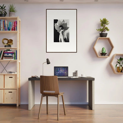 Minimalist home office with Ethereal Blossom Persona canvas print and chic decor