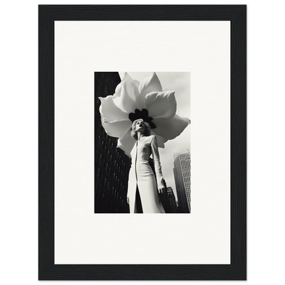 Black and white photo of a person in a dress with a flower, perfect for blossom persona decor