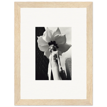 Black and white photo of a person in a giant flower hat, perfect for blossom persona decor