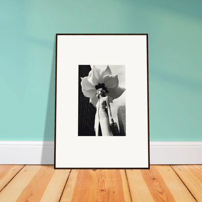 Framed black and white canvas print of Blossom Persona under a giant flower for room decoration