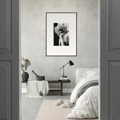 Minimalist bedroom featuring a black and white canvas print for stylish room decoration