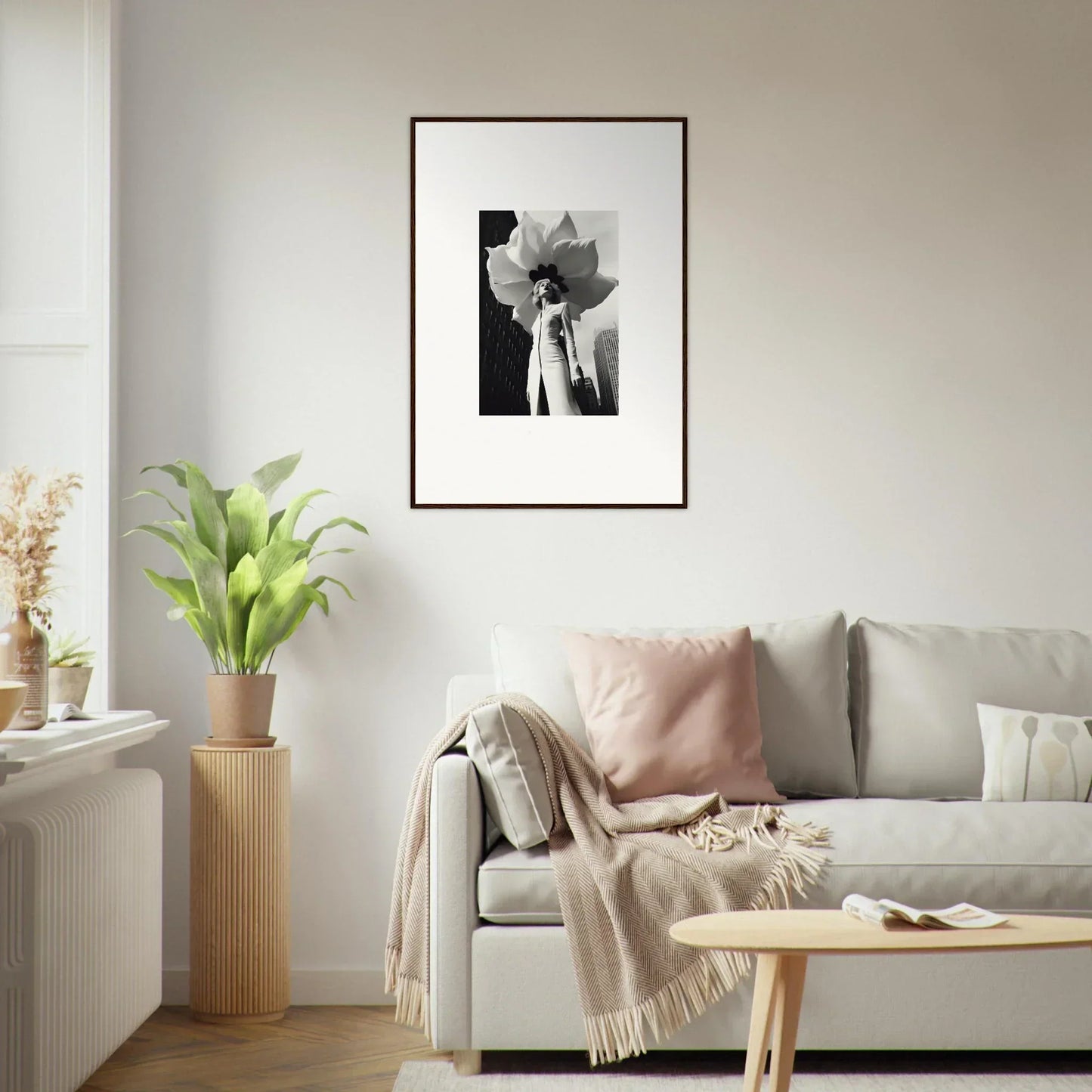 Framed black and white canvas print of a person with a lotus flower, ideal for blossom persona room decoration