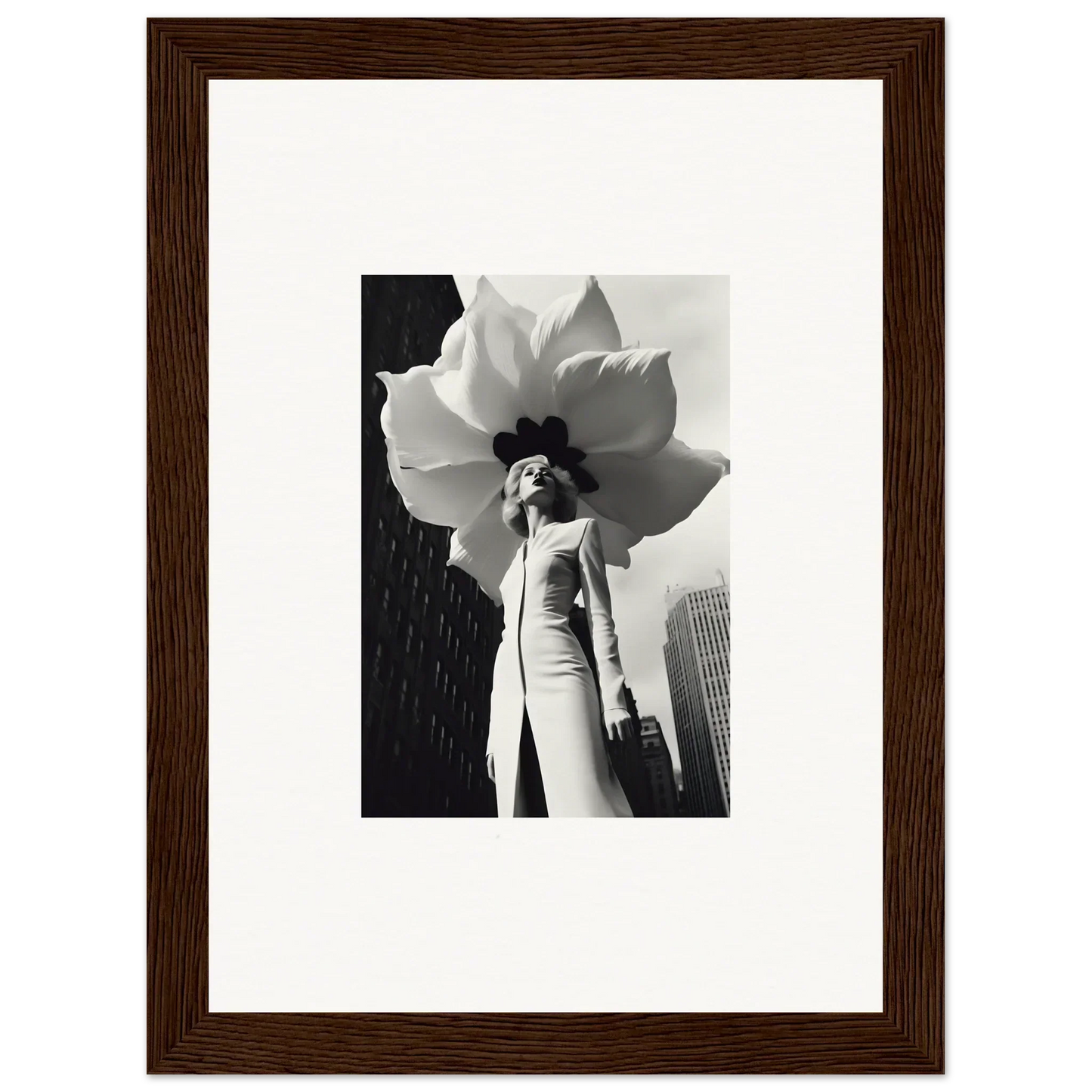 Black and white photo of a person with a giant flower for a unique blossom persona canvas print