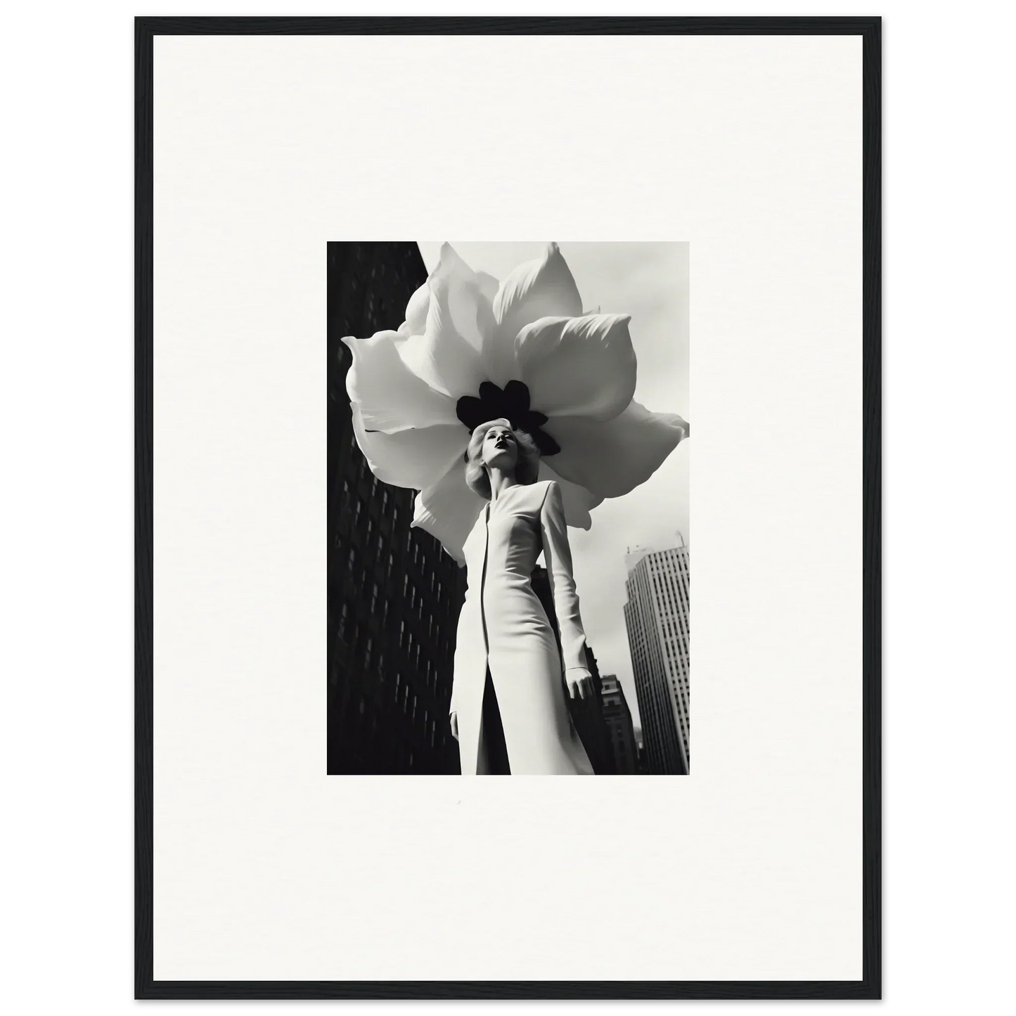 Woman in a flower hat against a city backdrop for a Blossom Persona canvas print