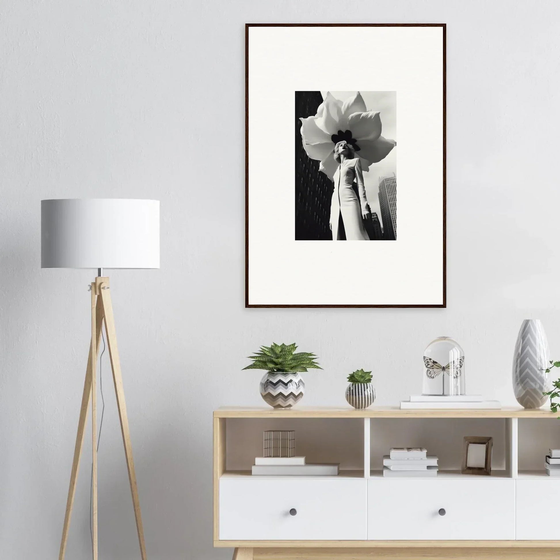 Framed black and white canvas print of a person with a blossom persona for room decoration