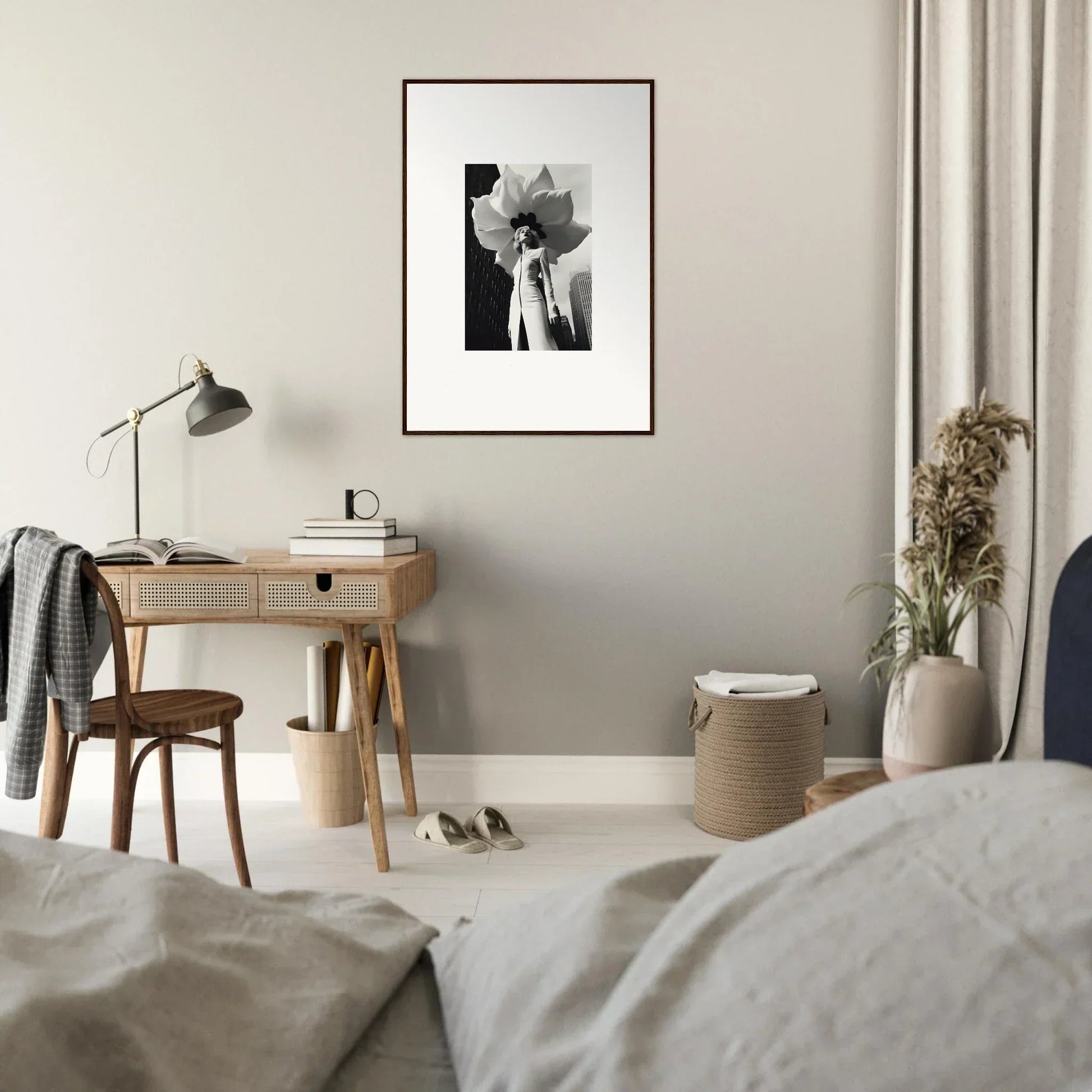 Cozy bedroom workspace with wooden desk and canvas print, perfect for Blossom Persona vibes