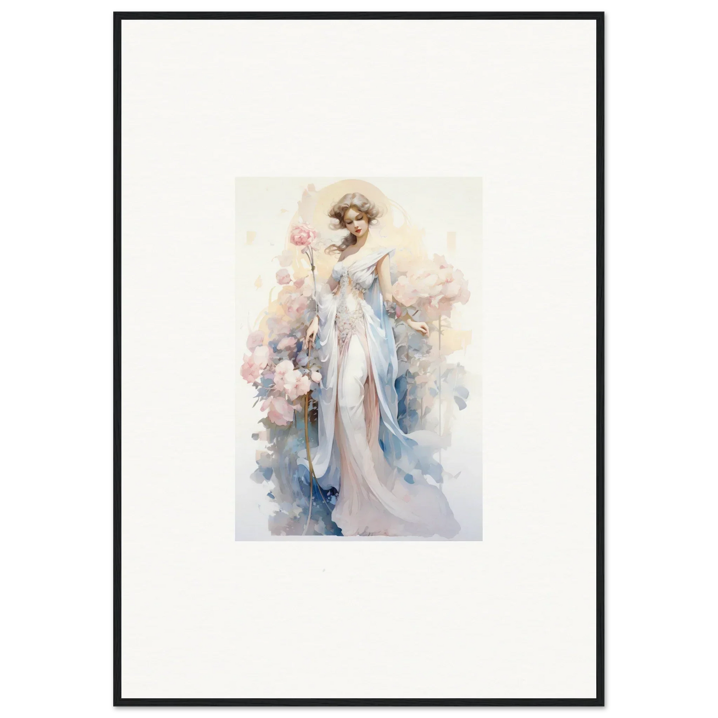 Watercolor painting of an elegant woman in a pale dress for blossom serenade room decoration