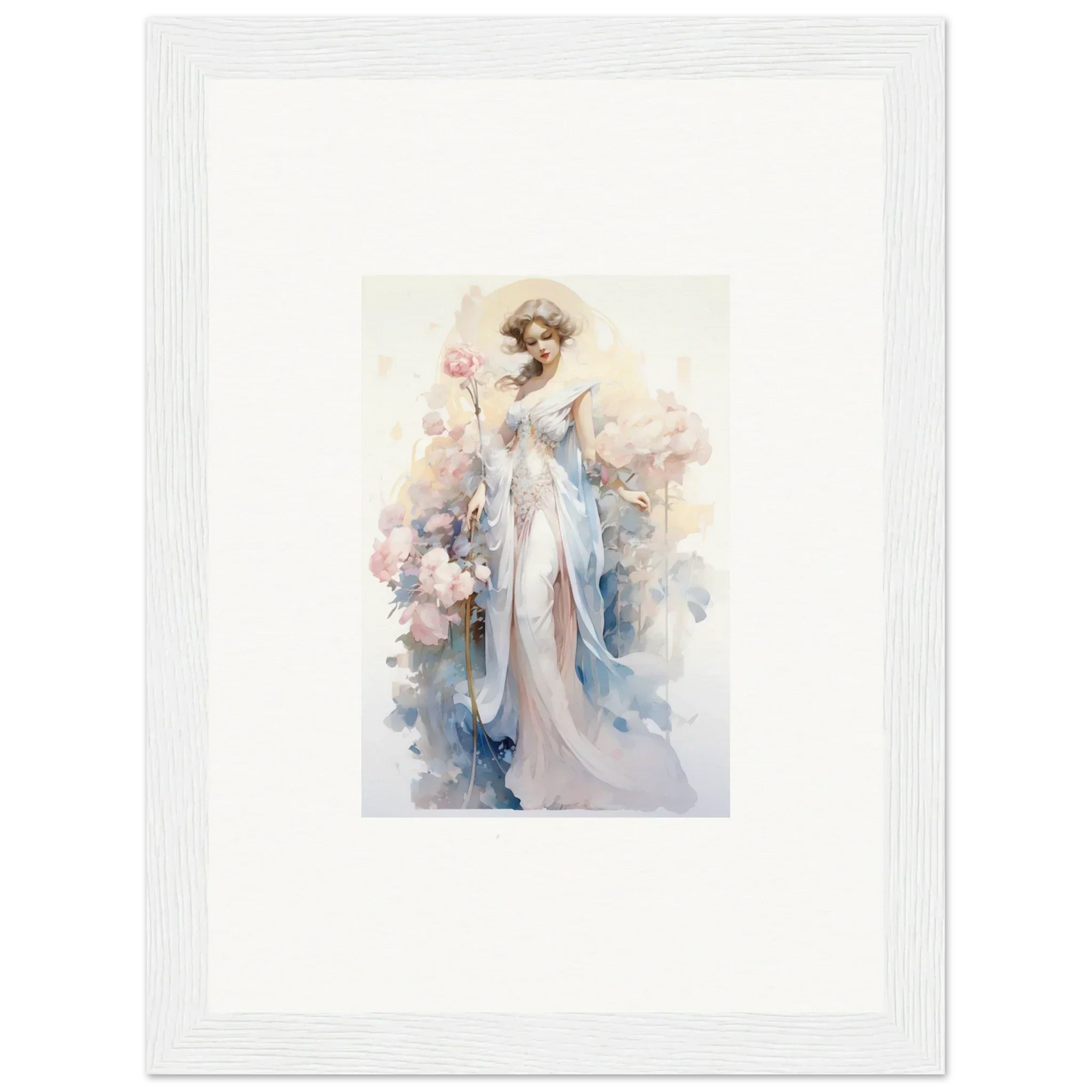 Watercolor canvas print of an elegant woman in a blue gown for blossom serenade room decoration