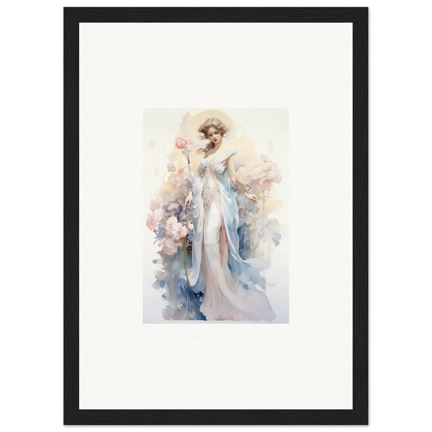 Watercolor of an elegant woman in a blue dress for a Blossom Serenade canvas print