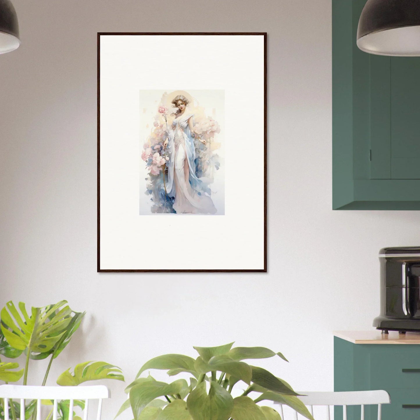 Framed watercolor of an ethereal feminine figure, perfect for Blossom Serenade decor